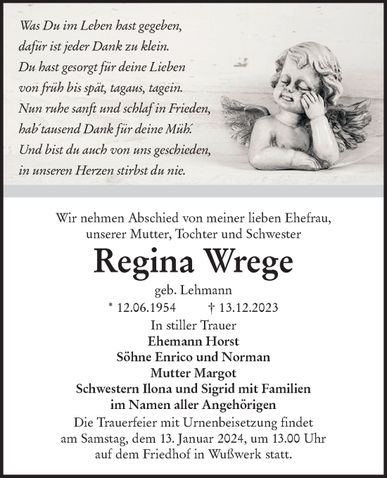 Traueranzeige von Regina Wrege von Lausitzer Rundschau