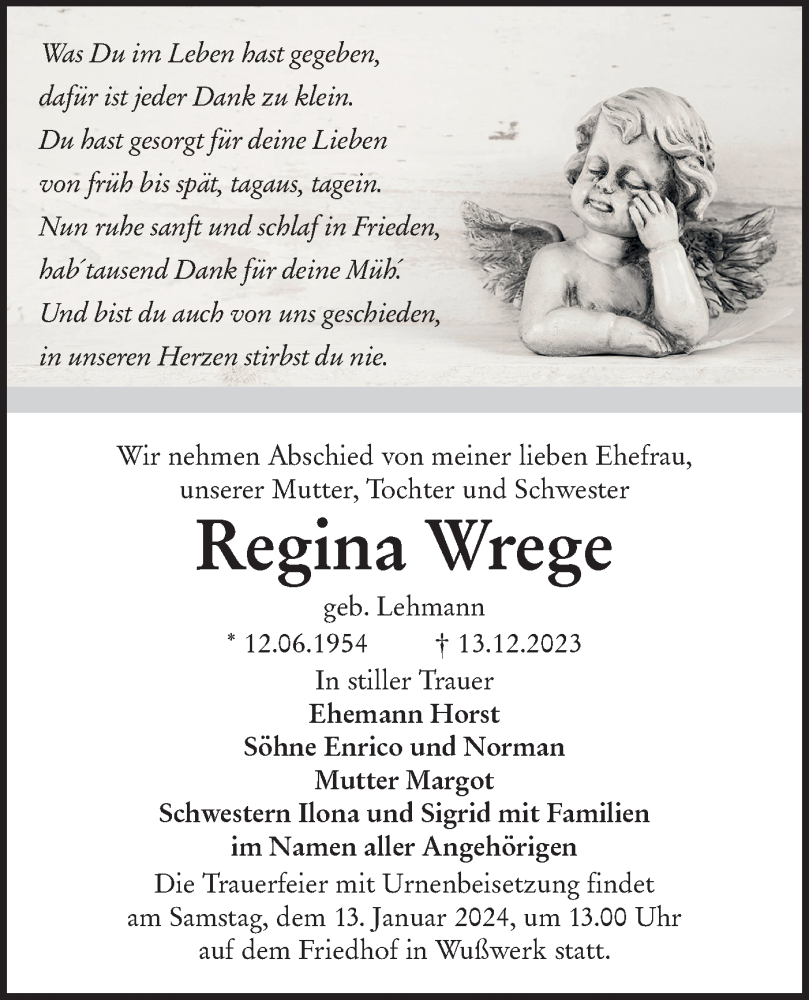  Traueranzeige für Regina Wrege vom 30.12.2023 aus Lausitzer Rundschau