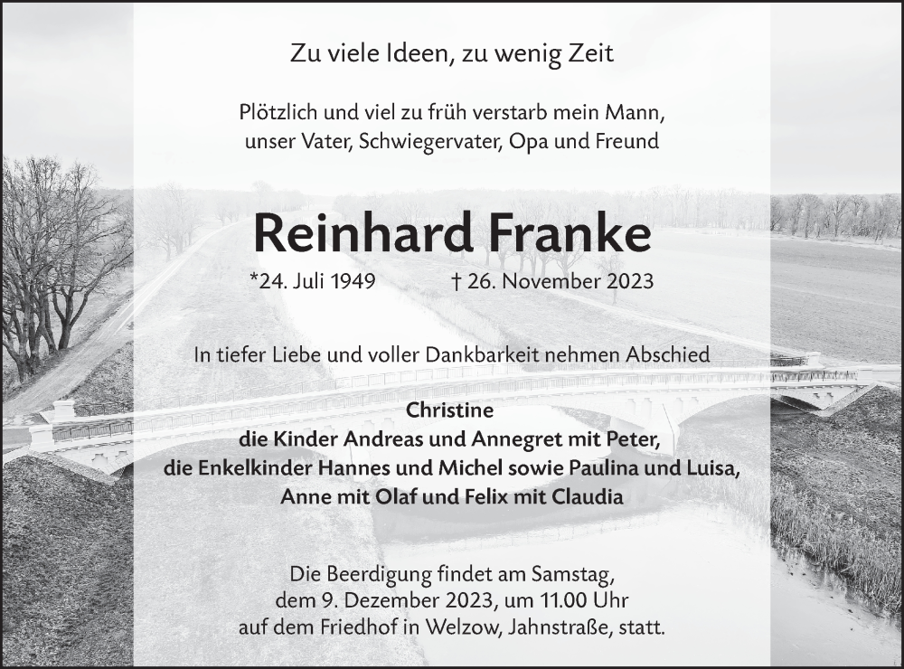  Traueranzeige für Reinhard Franke vom 02.12.2023 aus Lausitzer Rundschau