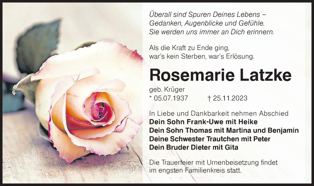  Traueranzeige für Rosemarie Latzke vom 02.12.2023 aus Lausitzer Rundschau