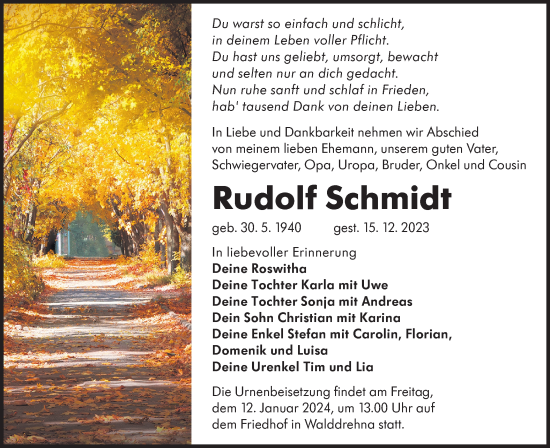 Traueranzeige von Rudolf Schmidt von Lausitzer Rundschau