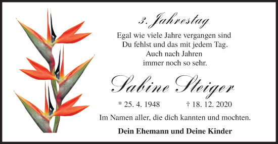 Traueranzeige von Sabine Steiger von Lausitzer Rundschau