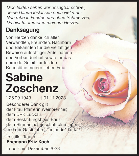 Traueranzeige von Sabine Zoschenz von Lausitzer Rundschau