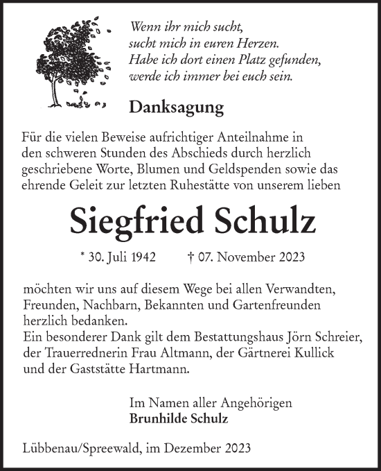 Traueranzeige von Siegfried Schulz von Lausitzer Rundschau