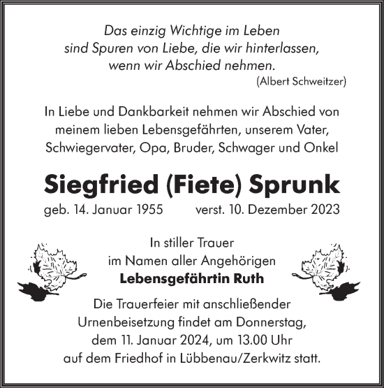 Traueranzeige von Siegfried  Sprunk von Lausitzer Rundschau
