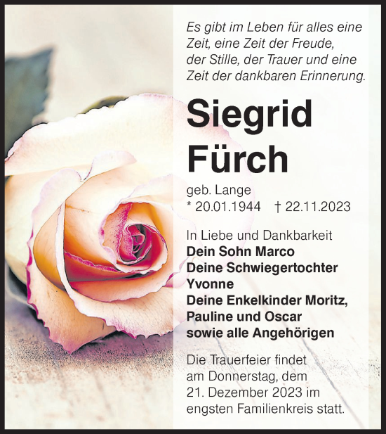 Traueranzeige von Siegrid Fürch von Lausitzer Rundschau