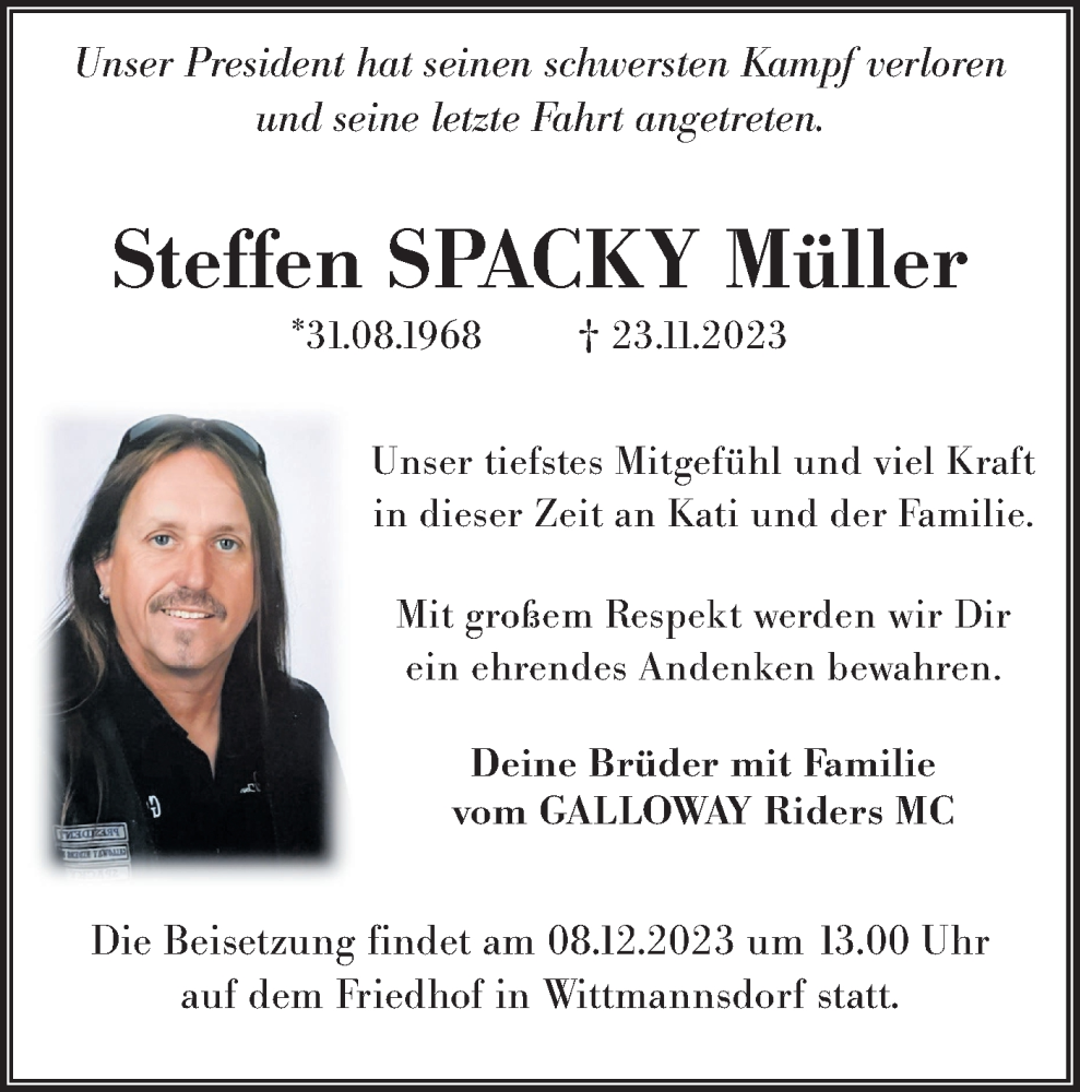  Traueranzeige für Steffen Müller vom 02.12.2023 aus Lausitzer Rundschau