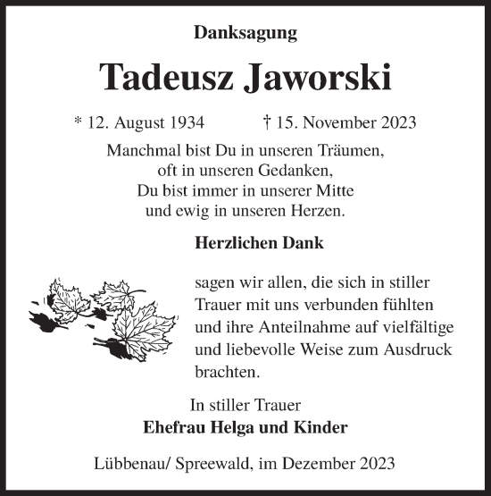 Traueranzeige von Tadeusz Jaworski von Lausitzer Rundschau