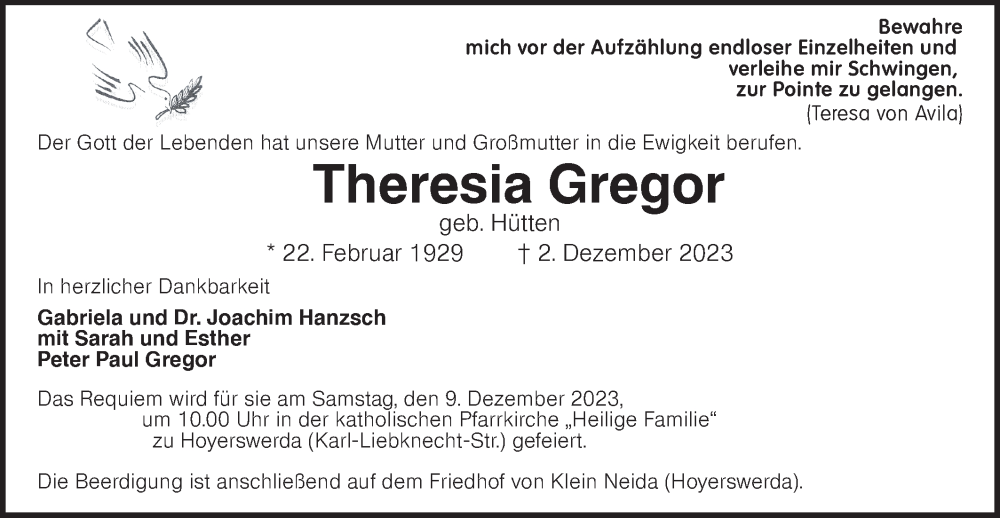  Traueranzeige für Theresia Gregor vom 06.12.2023 aus Lausitzer Rundschau