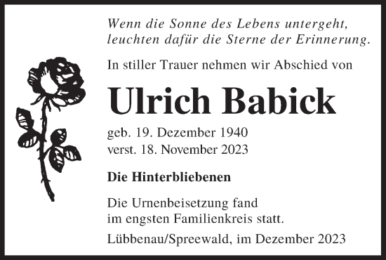 Traueranzeige von Ulrich Babick von Lausitzer Rundschau