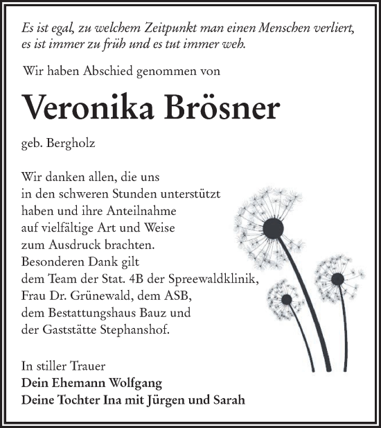 Traueranzeige von Veronika Brösner von Lausitzer Rundschau