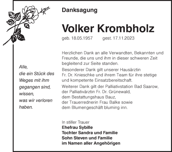 Traueranzeige von Volker Krombholz von Lausitzer Rundschau