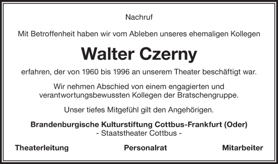 Traueranzeige von Walter Czerny von Lausitzer Rundschau