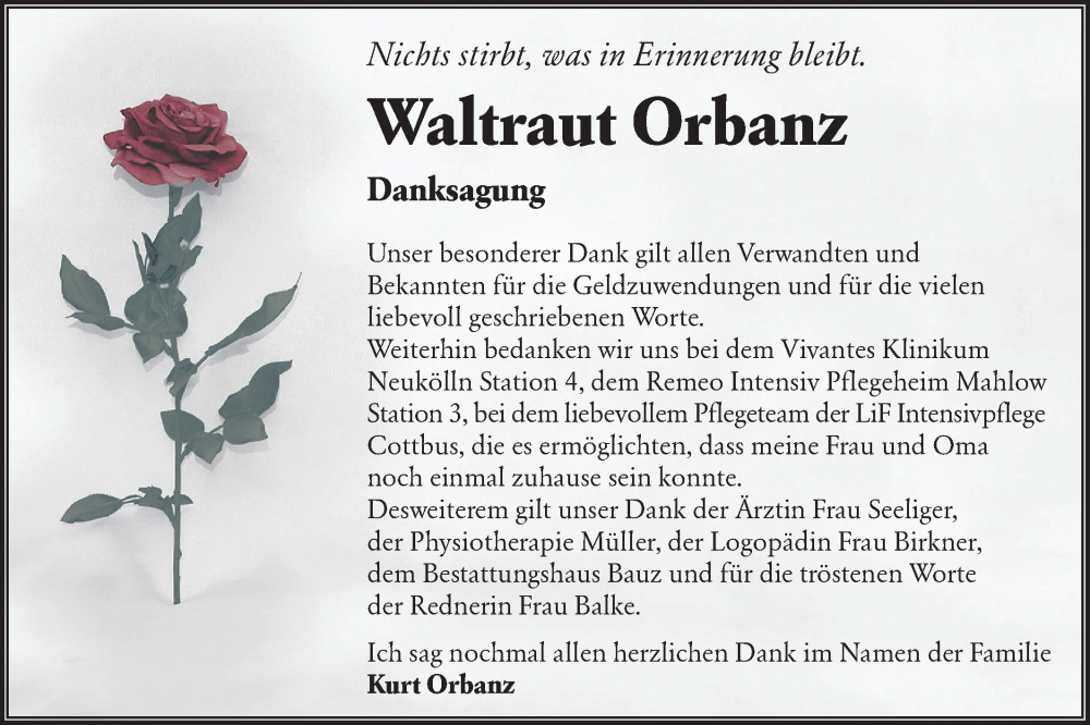  Traueranzeige für Waltraut Orbanz vom 09.12.2023 aus Lausitzer Rundschau