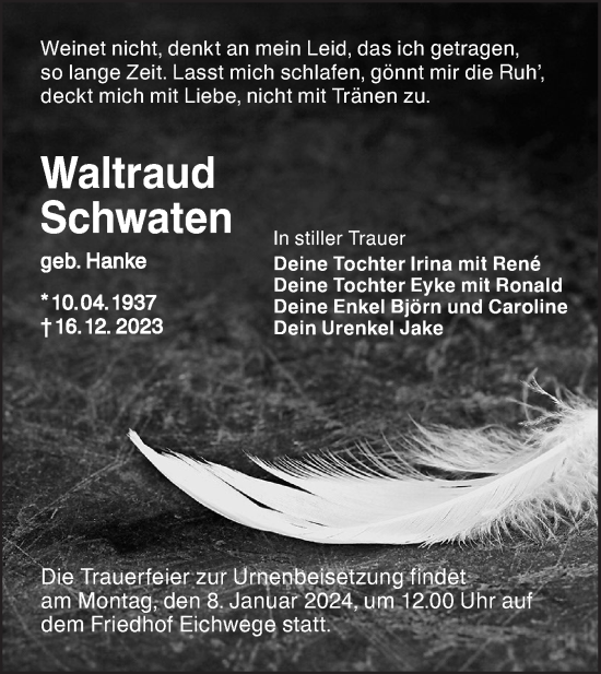 Traueranzeige von Waltraut Schwaten von Lausitzer Rundschau