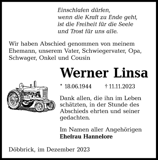 Traueranzeige von Werner Linsa von Lausitzer Rundschau