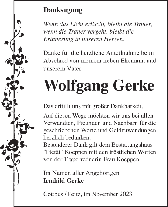 Traueranzeige von Wolfgang Gerke von Lausitzer Rundschau