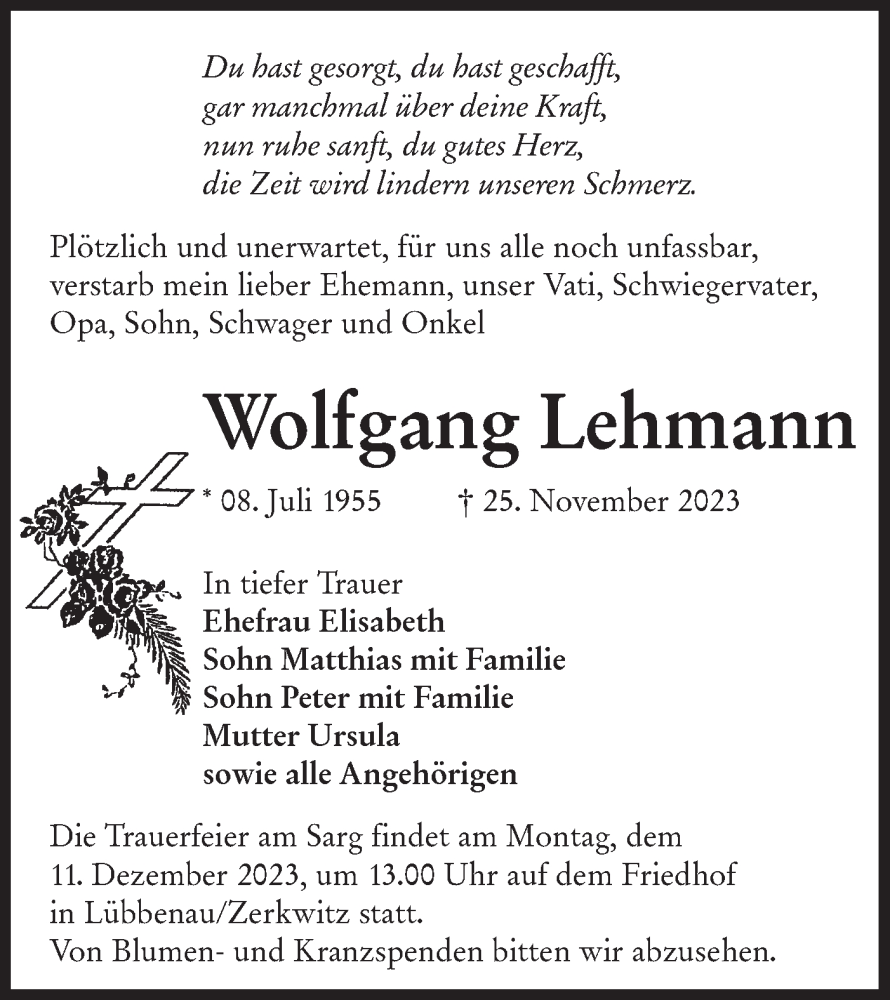  Traueranzeige für Wolfgang Lehmann vom 02.12.2023 aus Lausitzer Rundschau