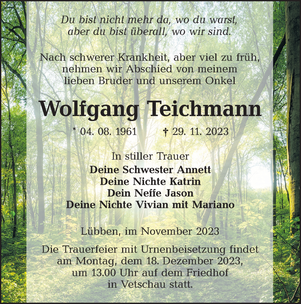  Traueranzeige für Wolfgang Teichmann vom 09.12.2023 aus Lausitzer Rundschau