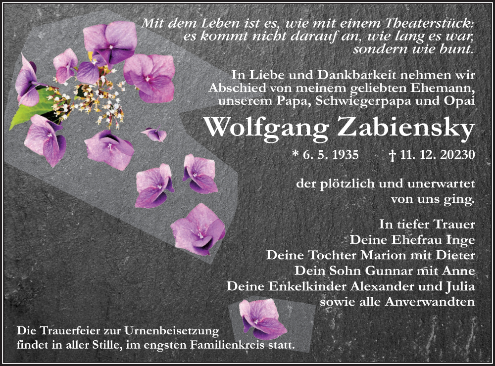  Traueranzeige für Wolfgang Zabiensky vom 23.12.2023 aus Lausitzer Rundschau