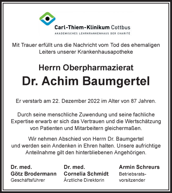 Traueranzeige von Achim Baumgertel von Lausitzer Rundschau