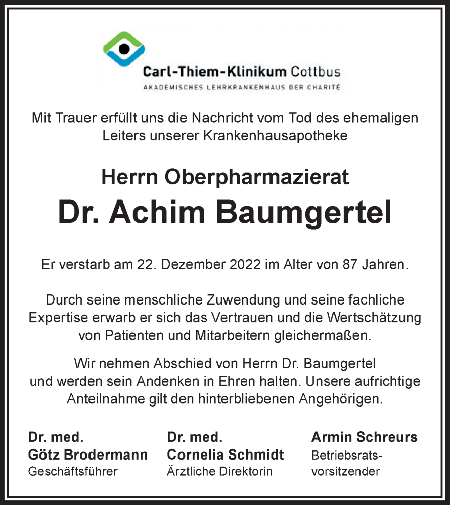  Traueranzeige für Achim Baumgertel vom 04.02.2023 aus Lausitzer Rundschau
