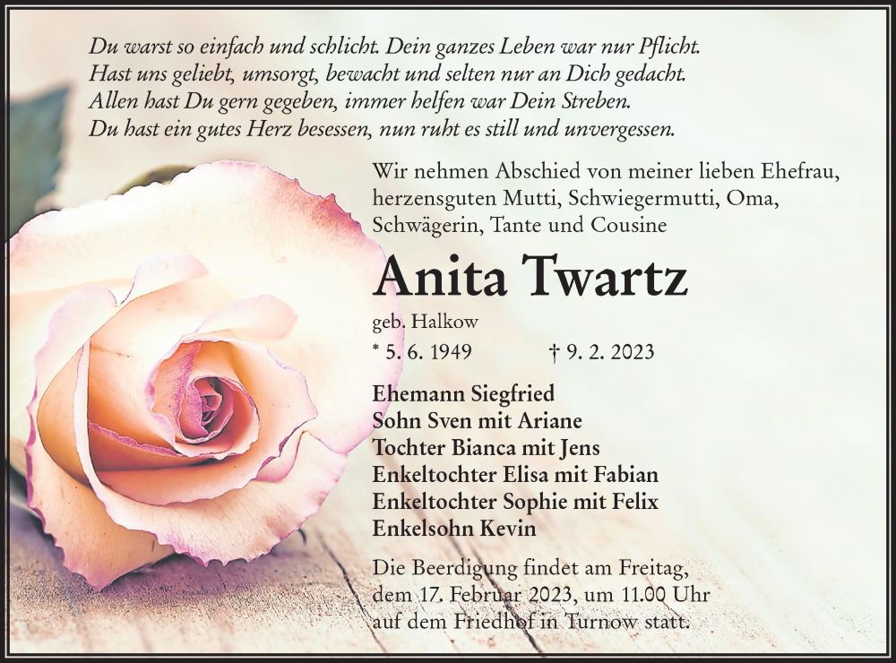  Traueranzeige für Anita Twartz vom 14.02.2023 aus Lausitzer Rundschau