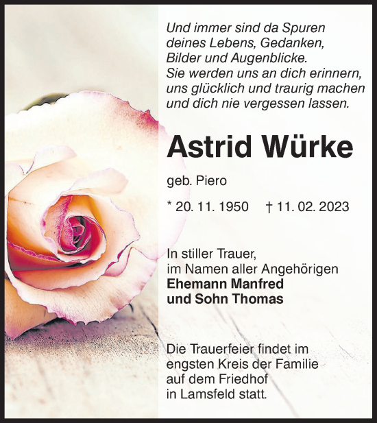 Traueranzeige von Astrid Würke von Lausitzer Rundschau