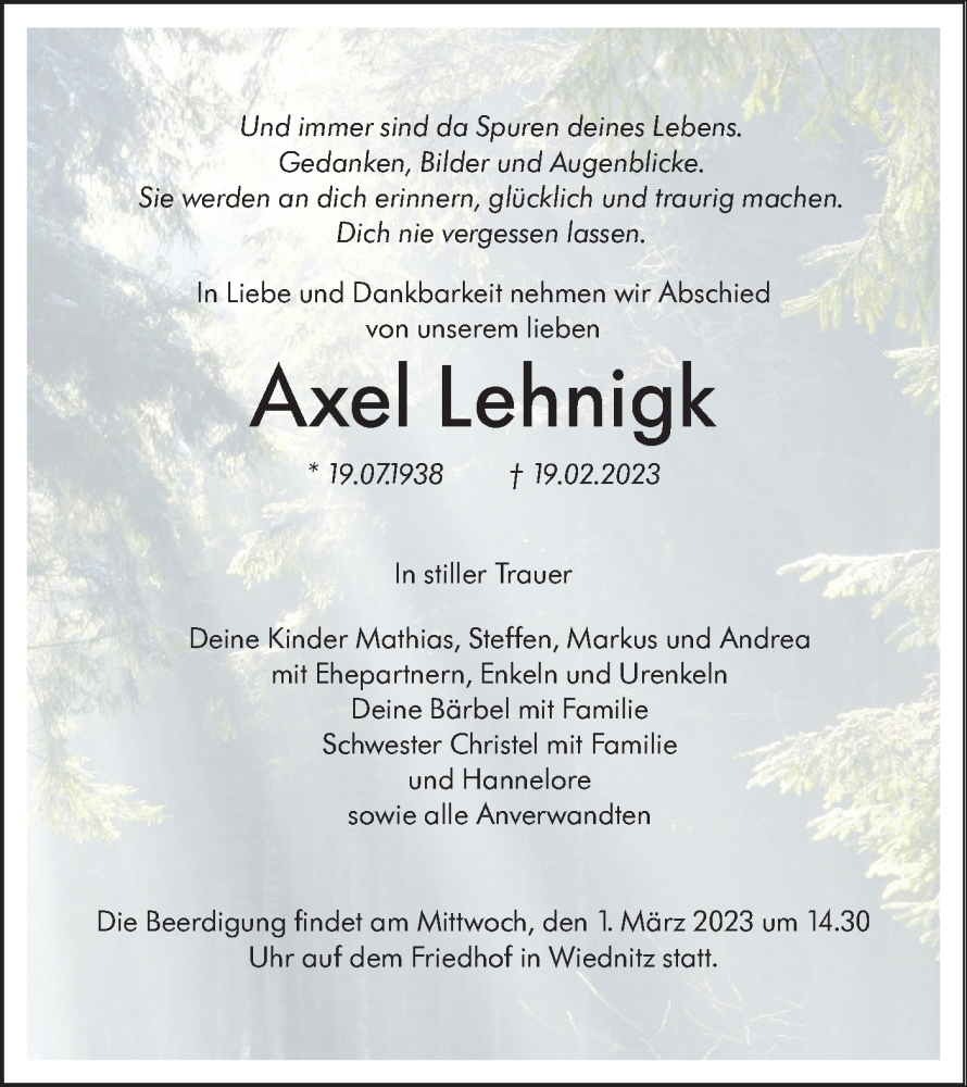  Traueranzeige für Axel Lehnigk vom 25.02.2023 aus Lausitzer Rundschau