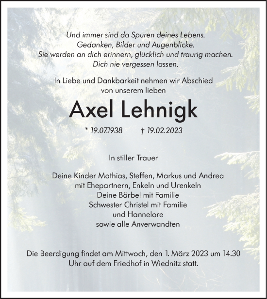 Traueranzeige von Axel Lehnigk von Lausitzer Rundschau