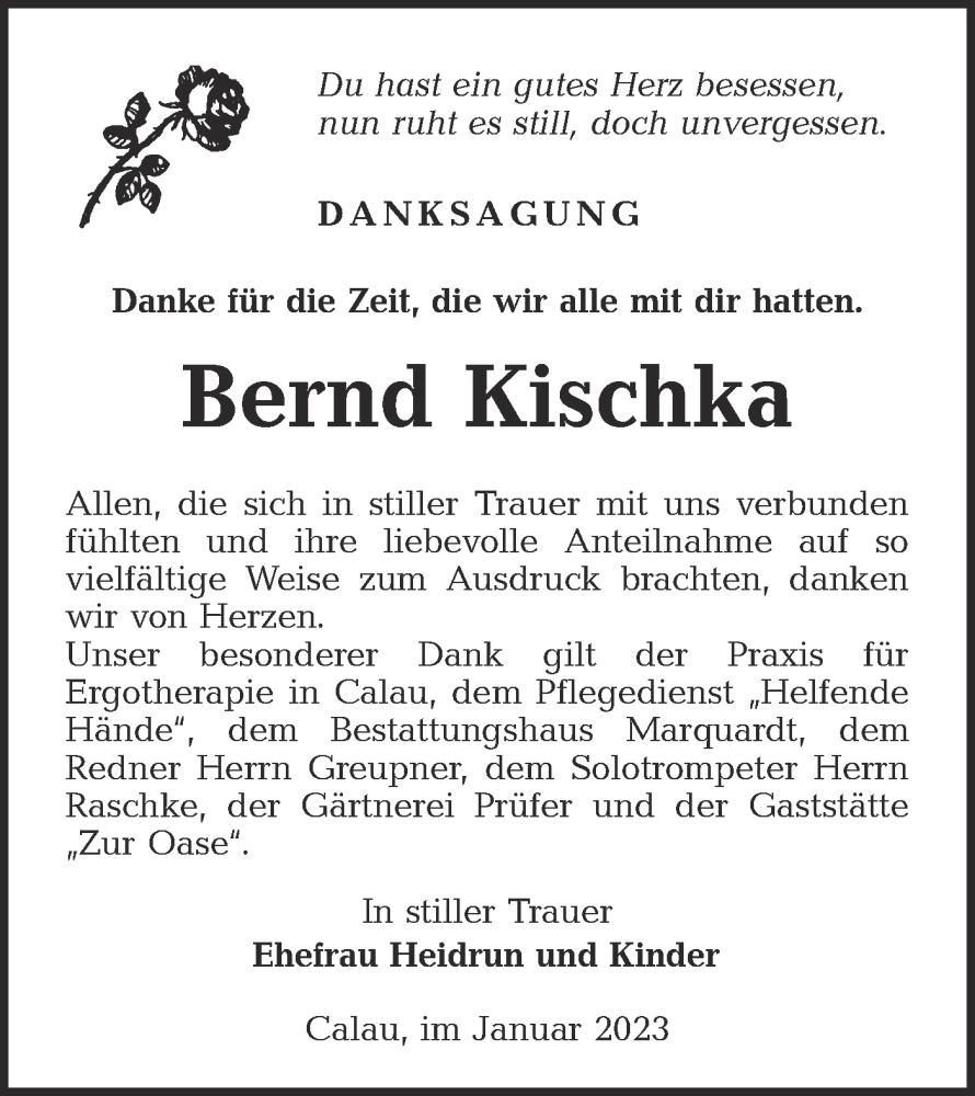  Traueranzeige für Bernd Kischka vom 04.02.2023 aus Lausitzer Rundschau
