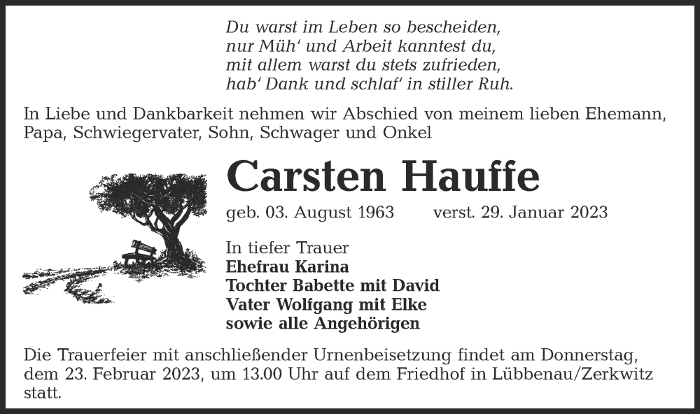  Traueranzeige für Carsten Hauffe vom 11.02.2023 aus Lausitzer Rundschau