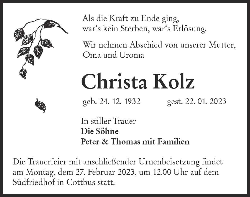  Traueranzeige für Christa Kolz vom 18.02.2023 aus Lausitzer Rundschau