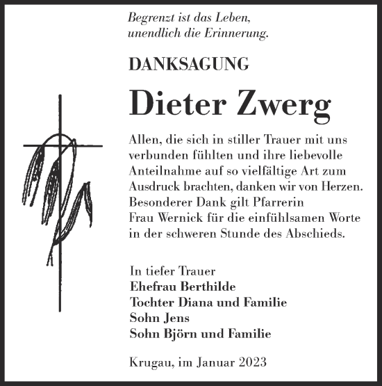 Traueranzeige von Dieter Zwerg von Lausitzer Rundschau