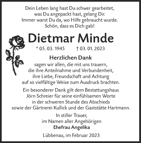 Traueranzeige von Dietmar Minde von Lausitzer Rundschau
