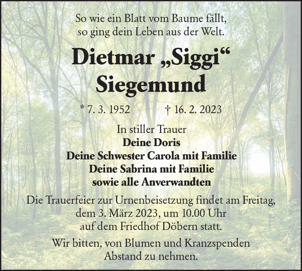  Traueranzeige für Dietmar Siegemund vom 25.02.2023 aus Lausitzer Rundschau