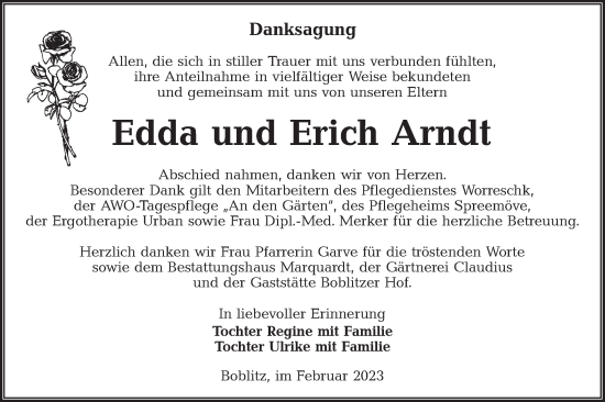Traueranzeige von Edda und Erich  Arndt von Lausitzer Rundschau