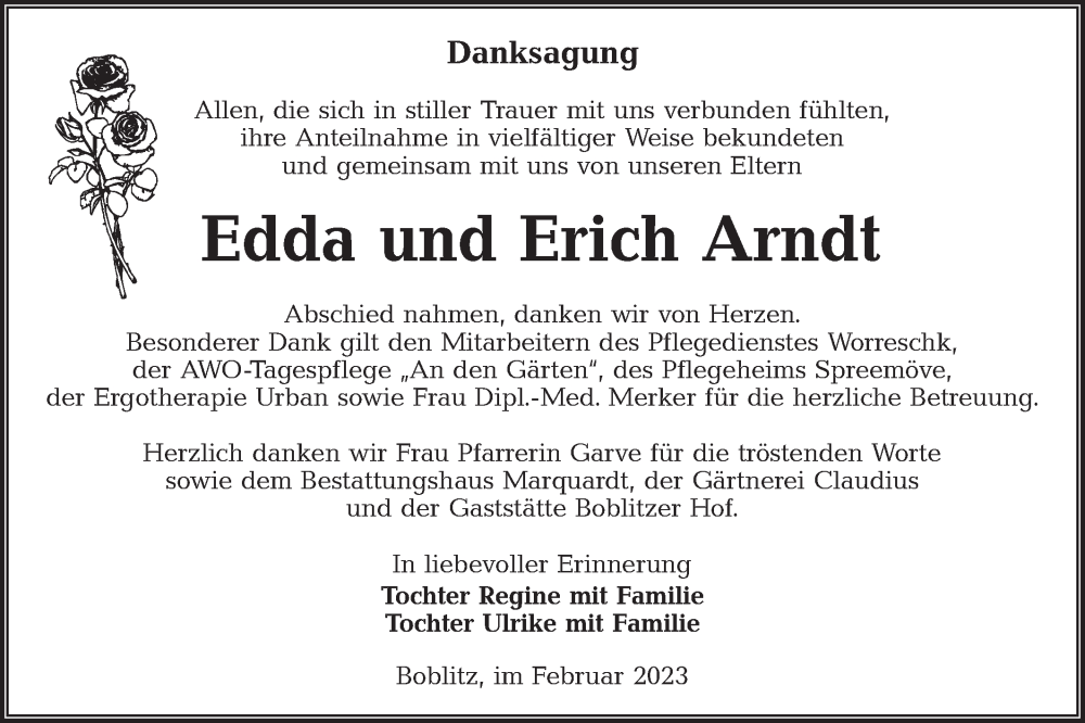  Traueranzeige für Edda und Erich  Arndt vom 25.02.2023 aus Lausitzer Rundschau