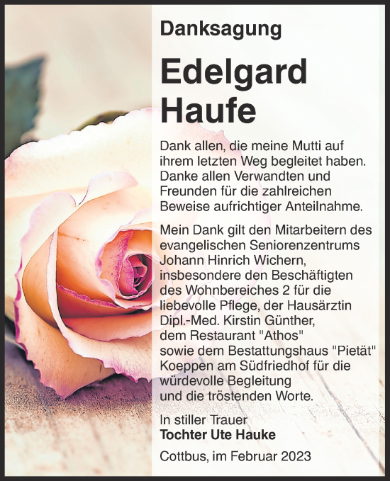 Traueranzeige von Edelgard Haufe von Lausitzer Rundschau