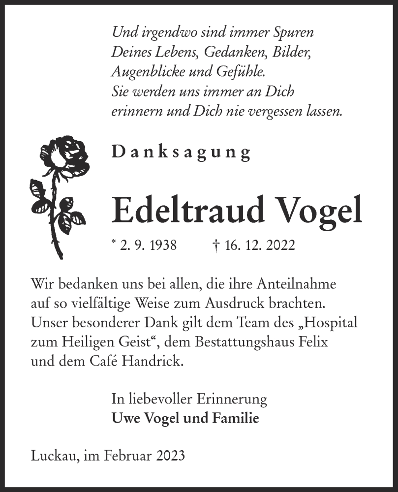  Traueranzeige für Edeltraud Vogel vom 18.02.2023 aus Lausitzer Rundschau