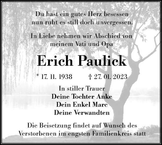 Traueranzeige von Erich Paulick von Lausitzer Rundschau