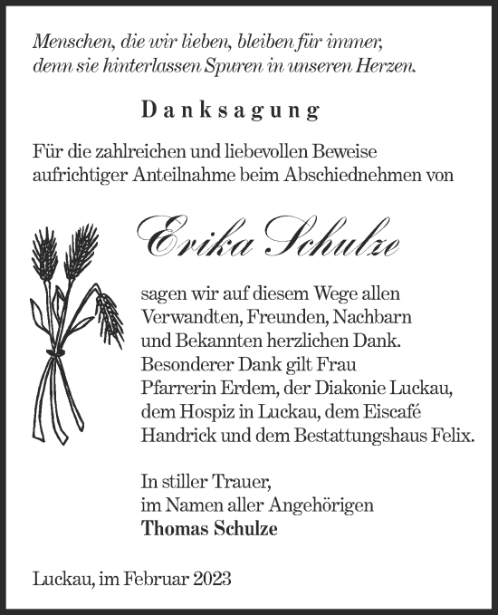 Traueranzeige von Erika Schulze von Lausitzer Rundschau