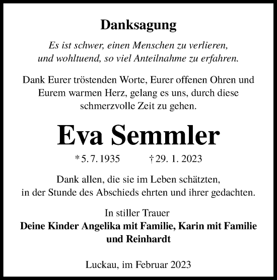 Traueranzeige von Eva Semmler von Lausitzer Rundschau