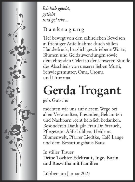 Traueranzeige von Gerda Trogant von Lausitzer Rundschau