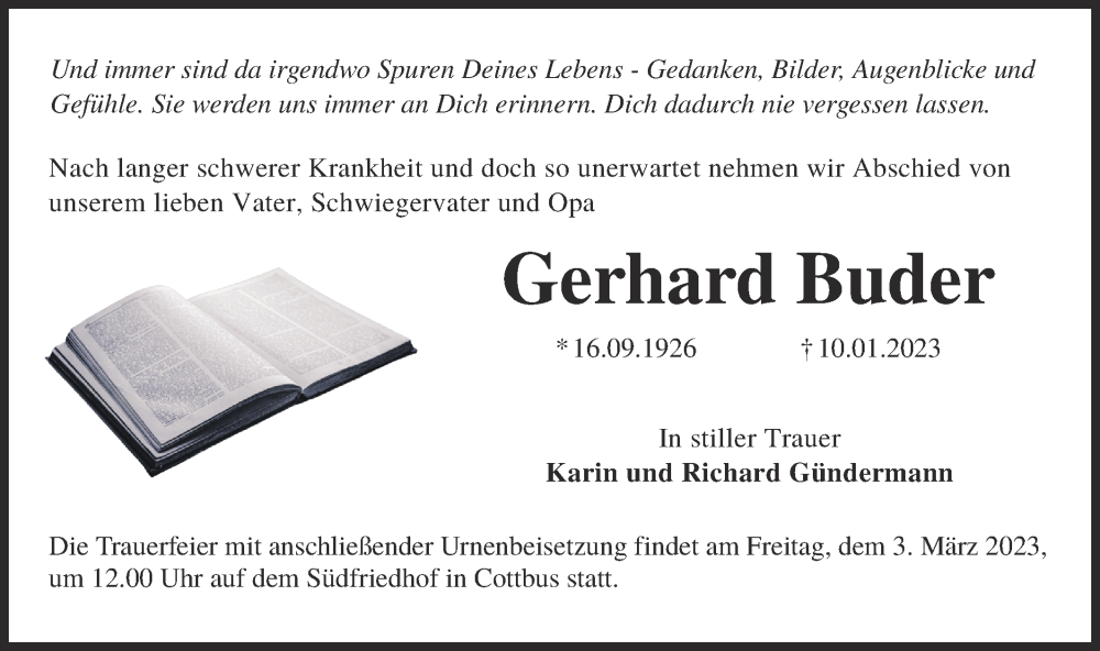  Traueranzeige für Gerhard Buder vom 18.02.2023 aus Lausitzer Rundschau