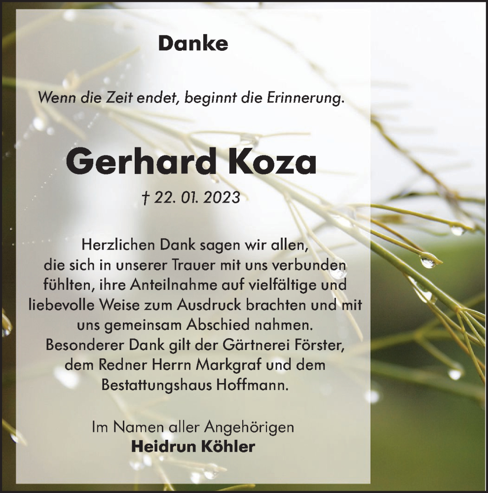  Traueranzeige für Gerhard Koza vom 25.02.2023 aus Lausitzer Rundschau