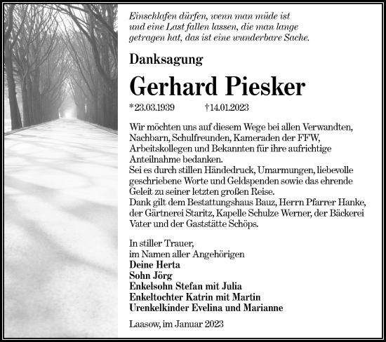 Traueranzeige von Gerhard Piesker von Lausitzer Rundschau