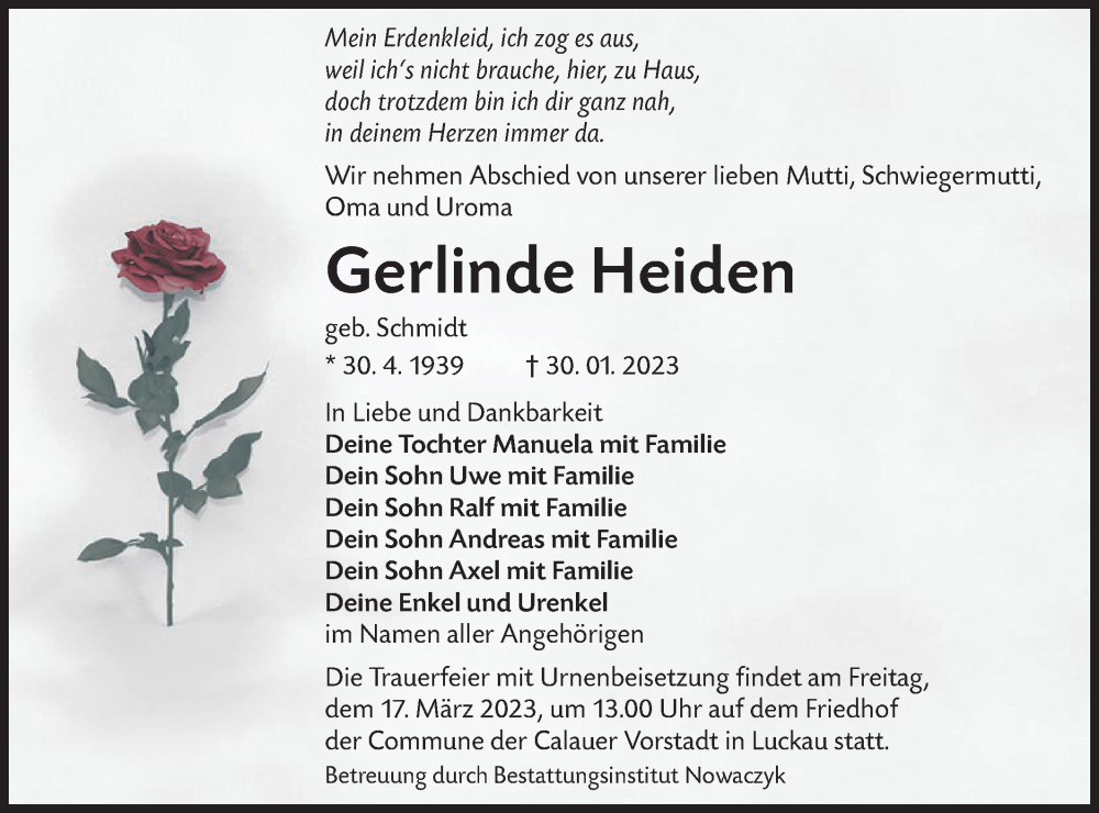  Traueranzeige für Gerlinde Heiden vom 11.02.2023 aus Lausitzer Rundschau