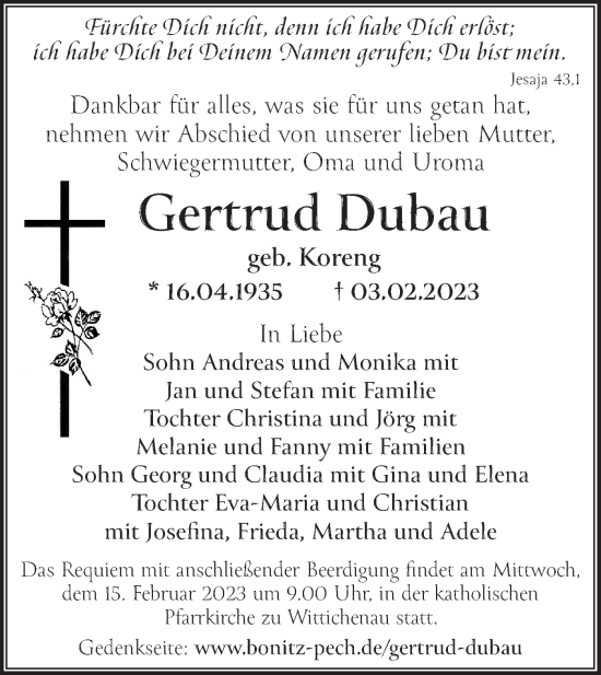 Traueranzeige von Gertrud Dubau von Lausitzer Rundschau