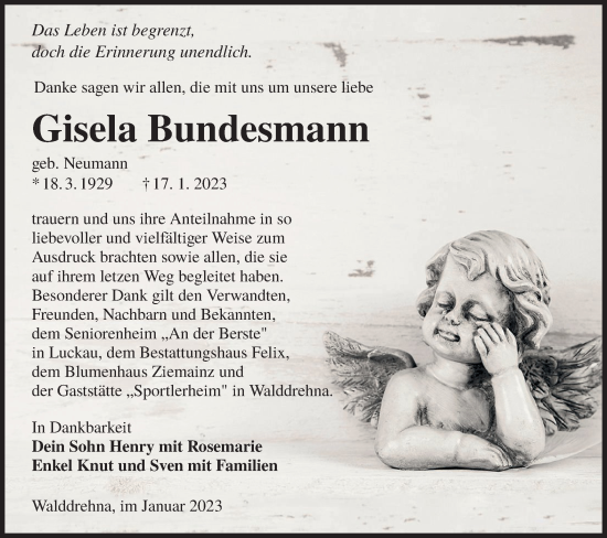 Traueranzeige von Gisela Bundesmann von Lausitzer Rundschau